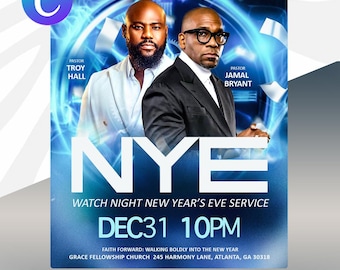 Volante de servicio de Nochevieja / Plantilla editable en Canva y PSD / Noche de vigilia y evento religioso