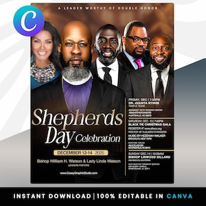 Peut inclure: Une affiche promotionnelle pour la Shepherds Day Celebration, avec des images de plusieurs personnes en tenue de soirée. L'affiche comprend les détails de l'événement, les dates et les lieux, avec le texte "Téléchargement instantané | 100% modifiable dans Canva."