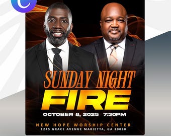 Sunday Night Fire Flyer | Editable Canva and PSD | Revival, Worship, and Church Event Template