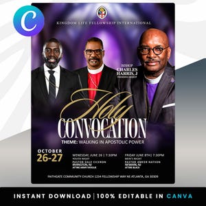 以下が含まれることがあります： 宗教イベントのプロモーションポスター。スーツ姿の男性3名が写っています。「Holy Convocation」の文字と「Walking in Apostolic Power」というテーマが書かれています。日付、時間、スピーカー情報などが含まれています。ポスターはCanvaで編集可能です。