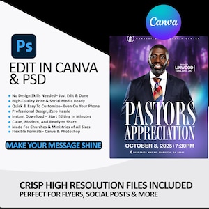 May include: A promotional graphic for "Pastors Appreciation" featuring a man in a suit. The design includes the text "Edit in Canva & PSD" and details about the event, including the date, time, and location. The graphic also promotes high-resolution files.