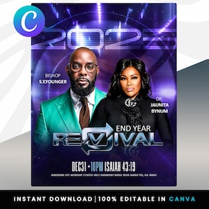 May include: A promotional graphic for an end-of-year revival event. The design features two people, Bishop S.Y. Younger and Dr. Jaunita Bynum, against a purple and blue background. Text includes "End Year Revival" and event details.