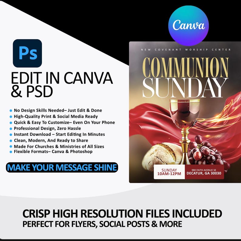 Communion Sunday Church Flyer Template | Editable Canva & PSD | Holy ...