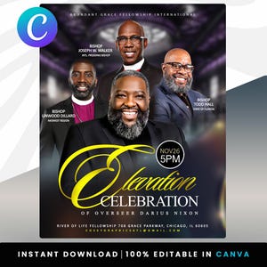 May include: A promotional flyer for Abundant Grace Fellowship International, featuring images of several bishops. The flyer has a dark background with gold text that reads "Elevation Celebration" and includes event details and contact information.