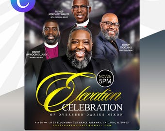 May include: A promotional flyer for Abundant Grace Fellowship International, featuring images of several bishops. The flyer has a dark background with gold text that reads "Elevation Celebration" and includes event details and contact information.