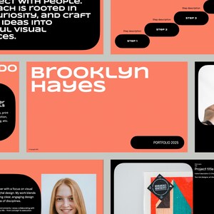 May include: A portfolio page with a coral background and black text. The page features a woman's headshot, a graphic design project, and a text box with the words "Brooklyn Hayes" and "Portfolio 2025".