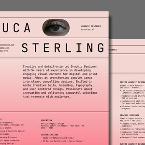 Könnte beinhalten: Ein Lebenslauf für Luca Sterling, einen Grafikdesigner mit über 5 Jahren Erfahrung. Der Lebenslauf listet Fähigkeiten, Ausbildung und Berufserfahrung auf. Der Lebenslauf ist auf einem rosa Hintergrund mit einem Porträt von Luca Sterling.