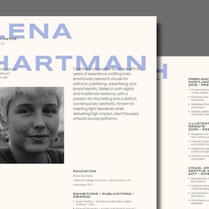 Könnte beinhalten: Ein Lebenslauf für Lena Hartman, eine Illustratorin aus Brooklyn, NY. Der Lebenslauf hebt ihre Erfahrung, Ausbildung und Auszeichnungen hervor. Er enthält ein Schwarzweißfoto von Lena Hartman.