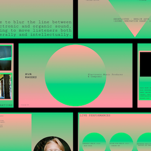Może przedstawiać: Cyfrowe dzieło sztuki z gradientem zieleni i różu. Tekst zawiera "I strive to blur the line between electronic and organic sound..." oraz "AVA RHODES, Electronic Music Producer & Composer."