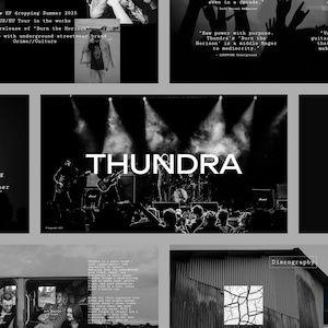 May include: Black and white promotional poster for the band Thundra. The poster features a band photo with spotlights, text that says "Thundra", and text about the band's music and influences.