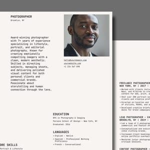 May include: A black and white resume for a photographer named Eden Blake. The resume lists their experience, education, and skills. The resume also includes a headshot of Eden Blake.