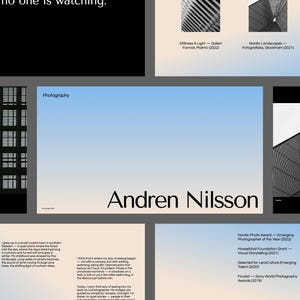 Op de afbeelding: Een portfoliopagina voor fotograaf Andren Nilsson, met een zwart-witfoto van een gebouw met een geometrisch ontwerp. De pagina bevat een lijst met prijzen en tentoonstellingen, waaronder de Nordic Photo Award, de Hasselblad Foundation Grant en de Sony World Photography Awards.