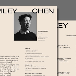 May include: A black and white resume for Riley Chen, an Art Director based in Los Angeles. The resume details his skills, education, awards, and professional experience. The resume includes contact information for Riley Chen.