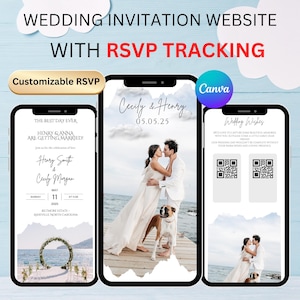 夏の結婚式招待状、返信トラッキング機能、詳細とプログラム、QRコード、編集可能なウェディングカード付きの結婚式招待状Canva
