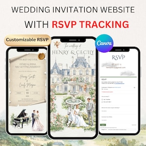 Hochzeitseinladungsvorlage Canva, Hochzeitseinladungswebsite mit Antwortverfolgung, Detail & Programm, Wir machen die digitale Einladung selbst