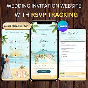 Puede incluir: Diseño de sitio web de invitación de boda digital con seguimiento de RSVP. El diseño incluye un calendario de bodas, detalles de la invitación y un formulario de RSVP. El texto incluye "Wedding Invitation Website With RSVP Tracking", "Customizable RSVP", y "Wedding of Juliana & Oliver".
