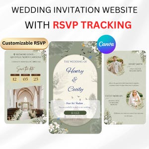 Op de afbeelding: Een website-ontwerp voor huwelijksuitnodigingen met RSVP-tracking. Het ontwerp omvat een aanpasbare RSVP-optie, een save-the-date-kaart en twee uitnodigingskaarten met foto's en details. De tekst bevat de namen Henry & Cecily.