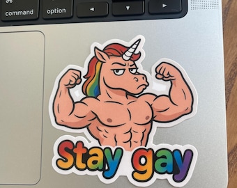 Funny "Stay Gay" Unicorn Sticker: Rainbow Pride LGBTQ+ Vinyl Decal