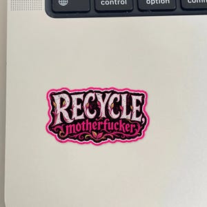 May include: A rectangular sticker with a black background and a bright pink border. The text RECYCLE is written in a white, ornate, distressed font, and the text motherfucker is written below in a smaller, pink, cursive-style font with flourishes.