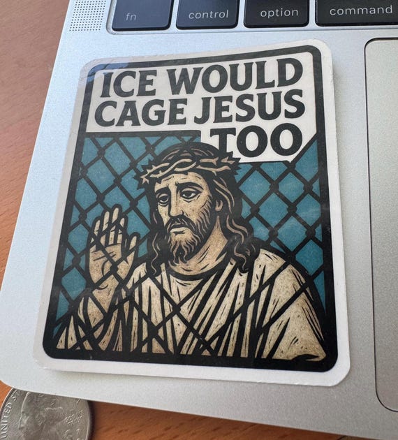 Abolish Ice Decal Jesus Meme Sticker, Immigrant Rights Satire (3x3 Inch, Durable Vinyl, Political Protest)