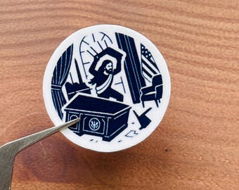 Pissed Jesus Smashing Trump Desk Sticker: Waterproof Vinyl (Glossy Finish)