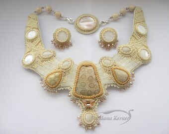 Latte. Set of tne necklace and earstuds. Bead embroidery wits coral, jade, mother of  pearl, Tila, Toho.