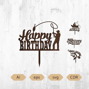 Może przedstawiać: Drewniane dekoracje na tort z motywem wędkarskim. Główny topper głosi "Happy Birthday" z sylwetką wędkarza. Dodatkowe dekoracje obejmują wędkarza w łodzi, ryby i wędkę. Dostępne są również formaty wektorowe.