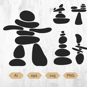 Puede incluir: Ilustraciones de siluetas negras de piedras apiladas en varias disposiciones, incluida una figura humana con los brazos extendidos. La imagen también incluye etiquetas de tipo de archivo: Ai, eps, svg y PNG.