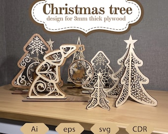 3Dクリスマスツリーバンドルオーナメントハンガーバンドル、レーザーカットのスタンディングクリスマスツリー、オーナメント付き松の木、木製クリスマスツリーシェルフシッターSVG