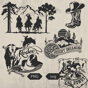 May include: A collection of black and white Western-themed graphics. Silhouettes include cowboys on horseback, a cowboy hat and boot, a bull rider, a bull, and desert landscape scenes with text that reads "Desert Dreaming" and "Keep it Wild".