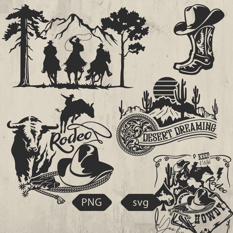 May include: A collection of black and white Western-themed graphics. Silhouettes include cowboys on horseback, a cowboy hat and boot, a bull rider, a bull, and desert landscape scenes with text that reads "Desert Dreaming" and "Keep it Wild".