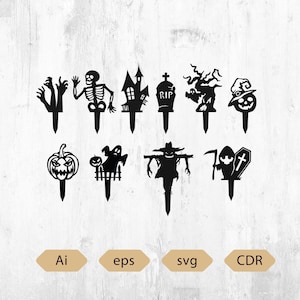 May include: Black Halloween-themed yard stakes featuring various designs, including a skeleton, haunted house, pumpkin, ghost, and scarecrow. The stakes are designed for outdoor decoration and are made of a durable material.