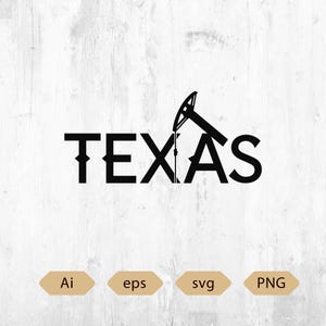 May include: Black graphic of the word "TEXAS" with a stylized oil derrick incorporated into the "A". Below the text are four tan rectangles with the file type abbreviations: Ai, eps, svg, and PNG.