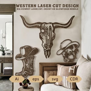 Cowboy Wall Art Laser Cut Files for Cricut, Glowforge, CNC Plasma bull skull for CNC, Cow Skull CO2 laser cut, Cowboy Home decoration