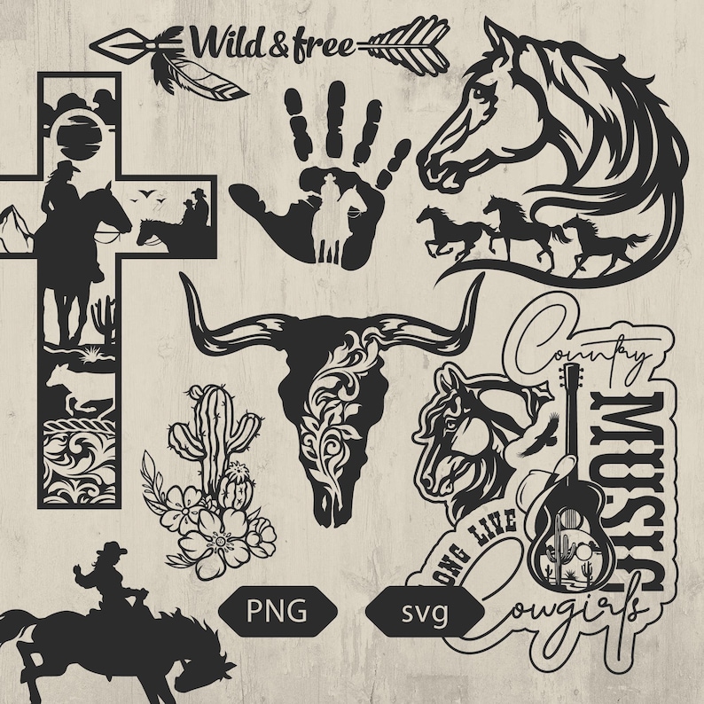 May include: A collection of black and white Western-themed graphics. Includes silhouettes of a horse head, running horses, a bull skull, a handprint with a cowboy, a cross with a cowboy, a cactus, and text that says "Wild & free" and "Country Music Cowgirls".