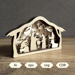 Può includere: Un presepe in legno con un design a strati. La scena raffigura figure, angeli e stelle all'interno di una cornice a forma di casa. La base ha il testo "Ai, eps, svg, CDR".