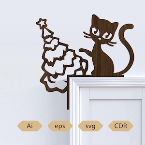 May include: A wooden cat and Christmas tree decoration. The cat is sitting next to a Christmas tree with a star on top. The decoration is brown and is placed on a white door frame. The image also includes the text "Ai", "eps", "svg", and "CDR".