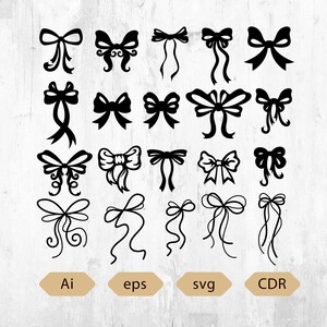 May include: A collection of black bow designs in various styles. The bows are displayed on a light wood-grain background. The image includes the text "Ai", "eps", "svg", and "CDR" in separate tan-colored rectangles.