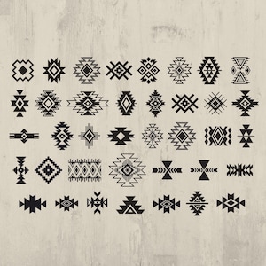 May include: A collection of black geometric tribal designs on a light beige background. The designs vary in shape and size, including diamonds, triangles, and linear patterns, suitable for digital art or textile design.