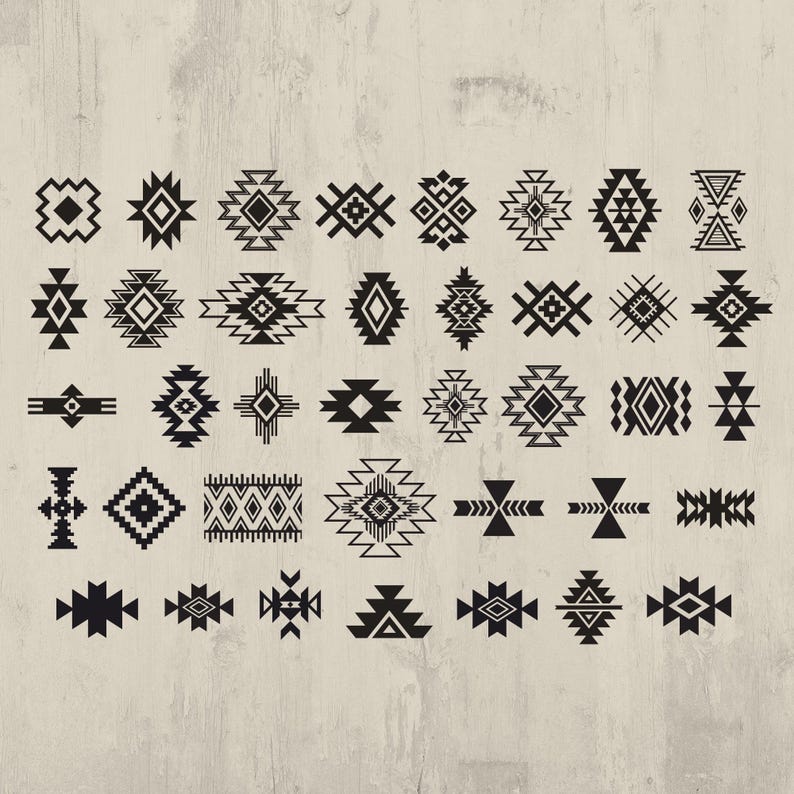 May include: A collection of black geometric tribal designs on a light beige background. The designs vary in shape and size, including diamonds, triangles, and linear patterns, suitable for digital art or textile design.