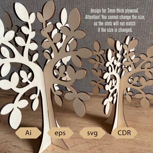 May include: Wooden tree-shaped decorative items with intricate leaf designs. The trees are made of light-colored wood and have a layered construction. The image includes text indicating the design is for 3mm thick plywood and file formats.