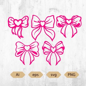 May include: Pink bow designs with heart-shaped centers. The image features five different bow illustrations, each with a unique style. Below the bows are the words "Ai", "eps", "svg", and "PNG" on tan-colored tags.