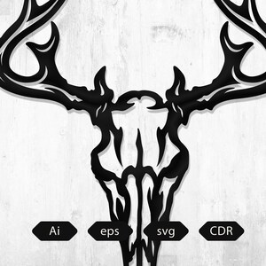 May include: Black metal deer skull silhouette with large antlers. The design is a cut-out style, with intricate details. The image includes the file type labels: Ai, eps, svg, and CDR.