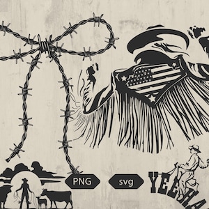 May include: Black and white graphic of a cowboy wearing a hat and a bandana with the American flag design. The image includes barbed wire, silhouettes of cowboys, cows, and the word "Yeehaw". The image also includes the text "PNG" and "svg".