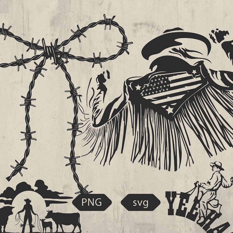 May include: Black and white graphic of a cowboy wearing a hat and a bandana with the American flag design. The image includes barbed wire, silhouettes of cowboys, cows, and the word "Yeehaw". The image also includes the text "PNG" and "svg".
