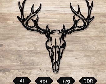 鹿の頭蓋骨の角 SVG Ai デジタルダウンロード レーザーカット CNC プラズマ BUCK 鹿狩り CNC、鹿の頭蓋骨 CO2 レーザーカット、鹿小屋の装飾