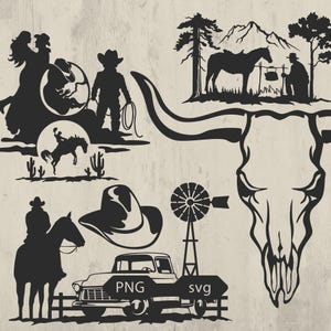 May include: A collection of black silhouette images with a Western theme. The images include cowboys, horses, a cowboy hat, a windmill, a pickup truck, and a bull skull. The words "PNG" and "svg" are also present.