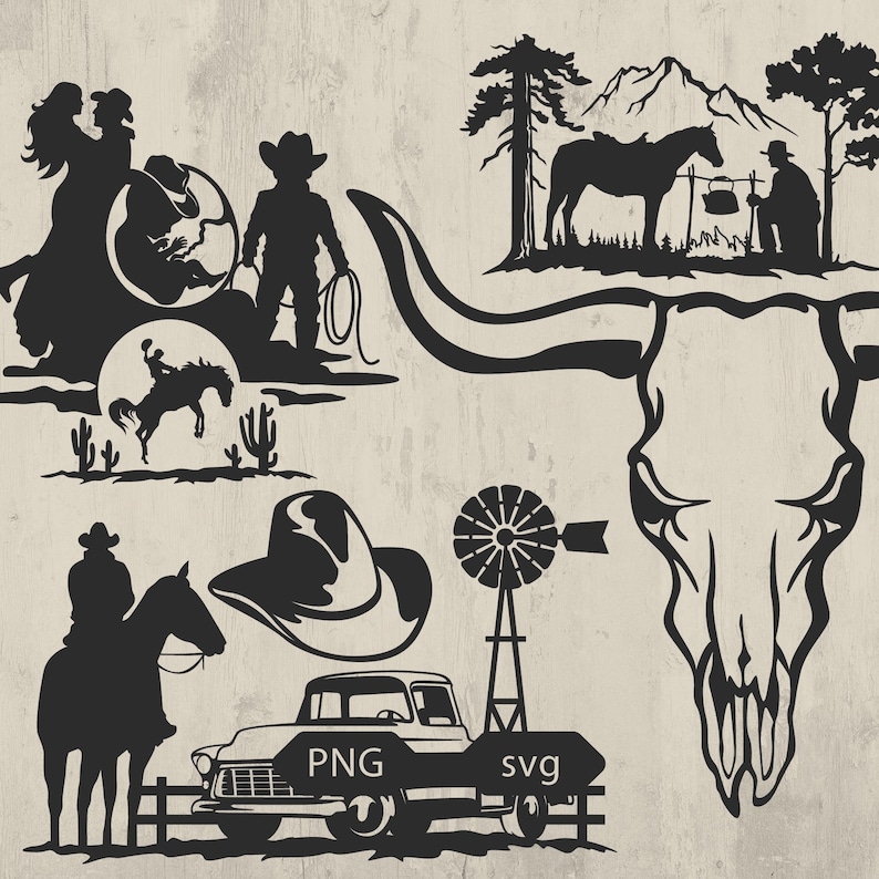 May include: A collection of black silhouette images with a Western theme. The images include cowboys, horses, a cowboy hat, a windmill, a pickup truck, and a bull skull. The words "PNG" and "svg" are also present.