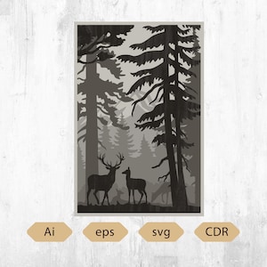 Può includere: Una scena forestale in scala di grigi con due cervi in primo piano, con uno sfondo di alberi e montagne. L'immagine è una grafica vettoriale, con formati di file Ai, eps, svg e CDR.