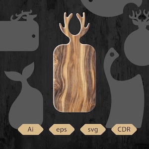May include: A wooden cutting board with a deer antler handle. The board has a rectangular shape with rounded edges and a natural wood grain pattern. The image also includes gray silhouettes of other cutting board designs and file type icons.